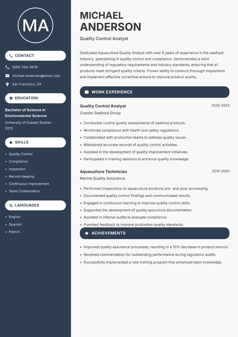 Aquaculture Quality Analyst Resume Preview Example