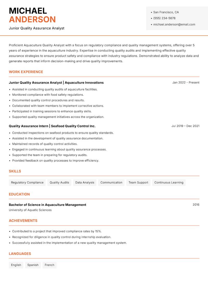 Aquaculture Quality Analyst Resume Template