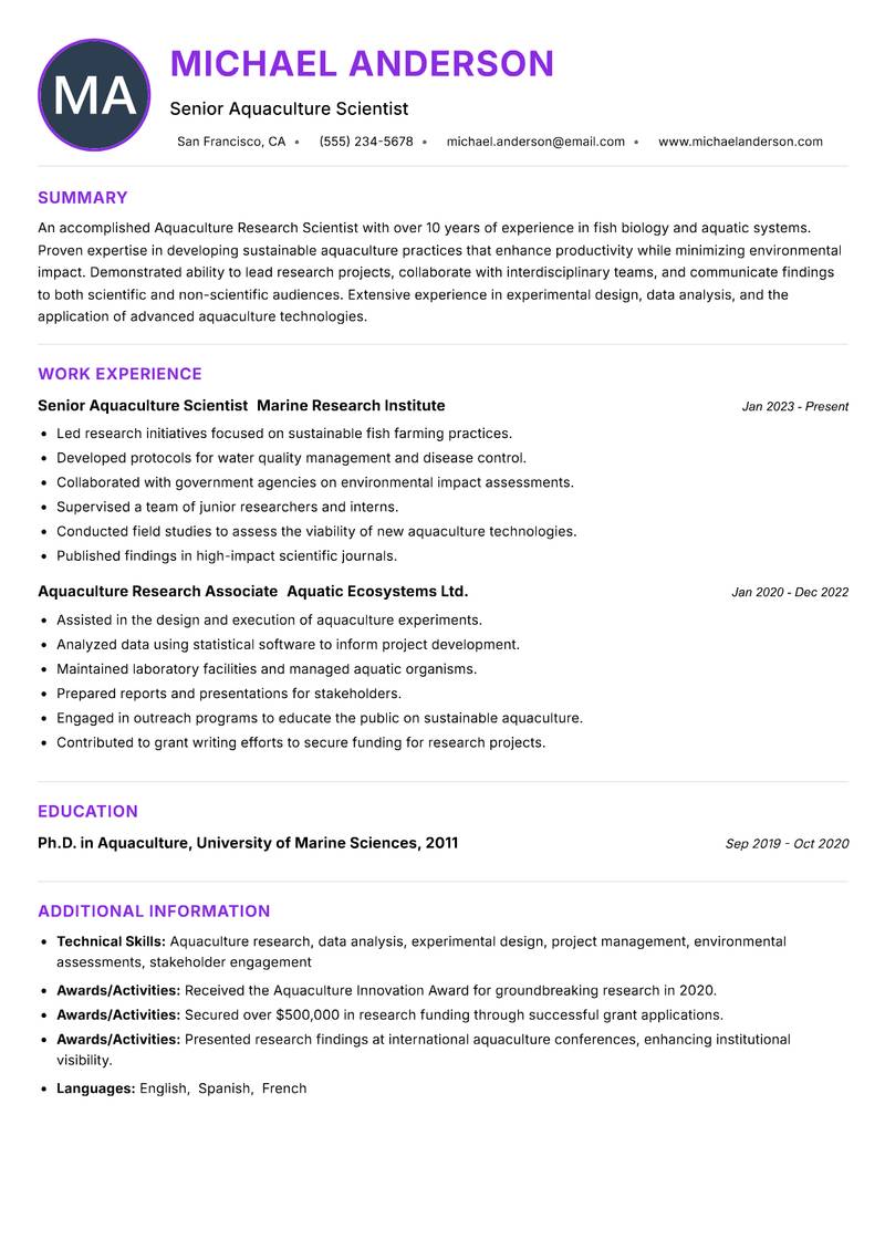 Aquaculture Research Scientist Resume Preview Example