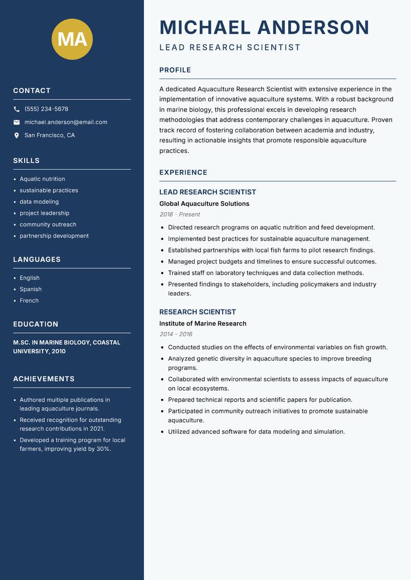 Aquaculture Research Scientist Resume Preview Example