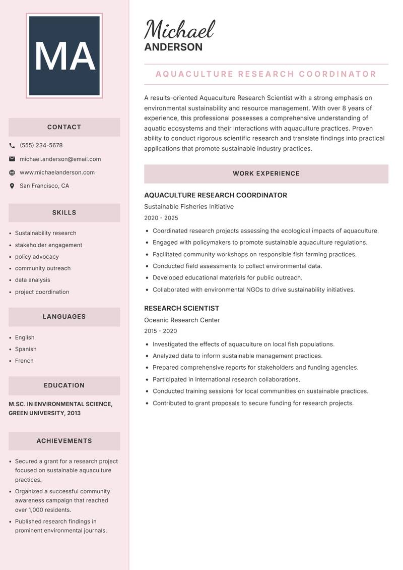Aquaculture Research Scientist Resume Preview Example