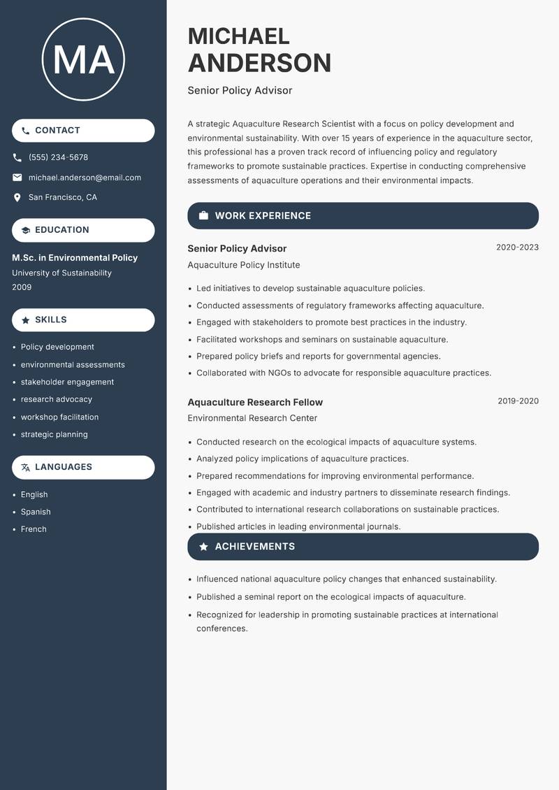 Aquaculture Research Scientist Resume Preview Example