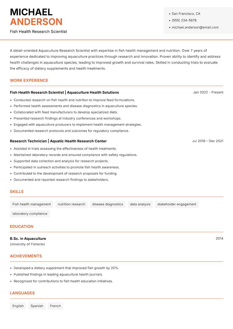 Aquaculture Research Scientist Resume Template