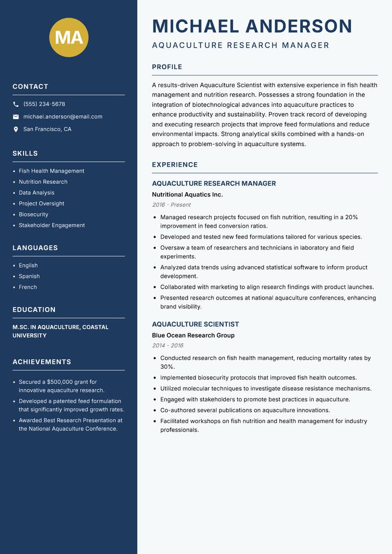 Aquaculture Scientist Resume Preview Example