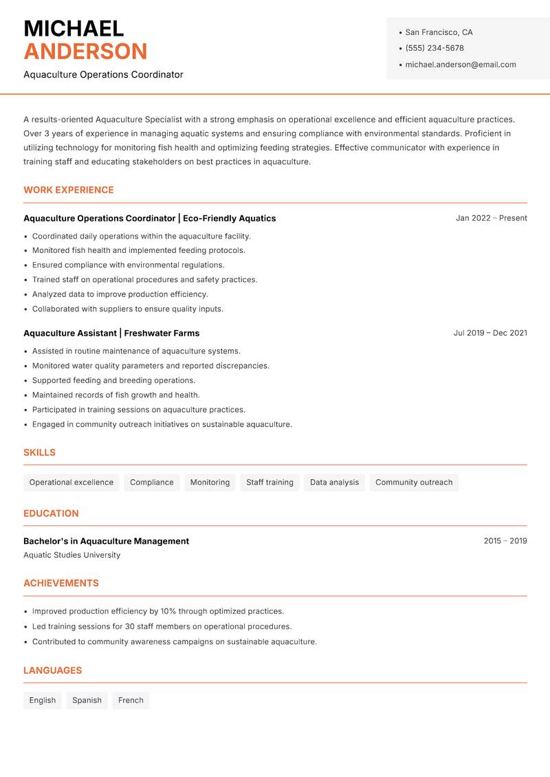 Aquaculture Specialist Resume Template