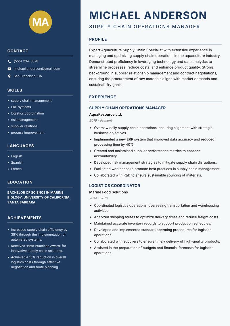 Aquaculture Supply Chain Specialist Resume Preview Example