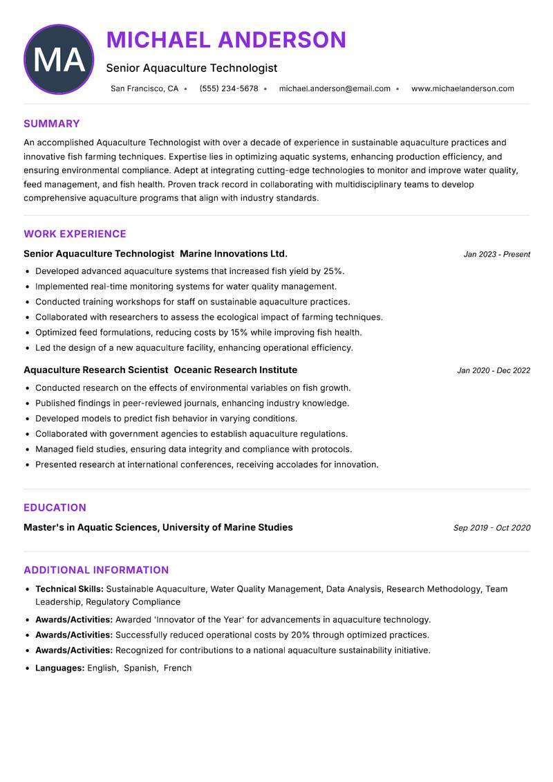 Aquaculture Technologist Resume Preview Example