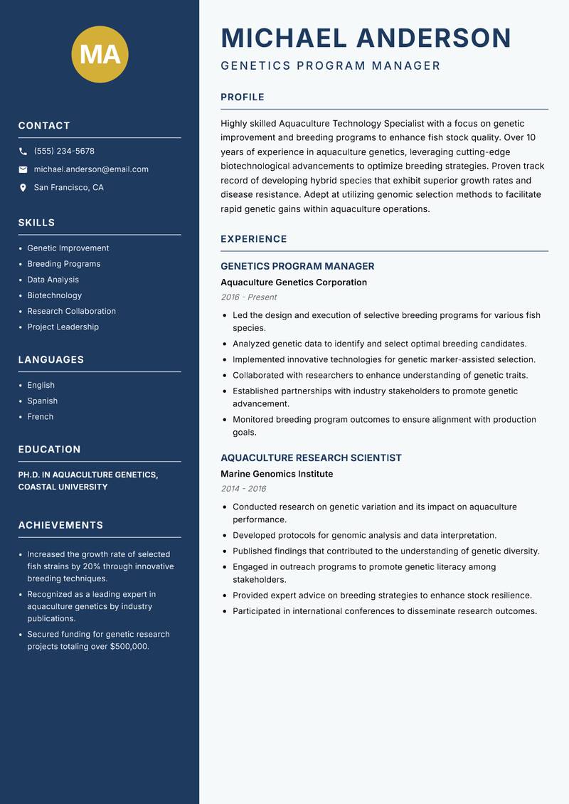 Aquaculture Technology Specialist Resume Preview Example