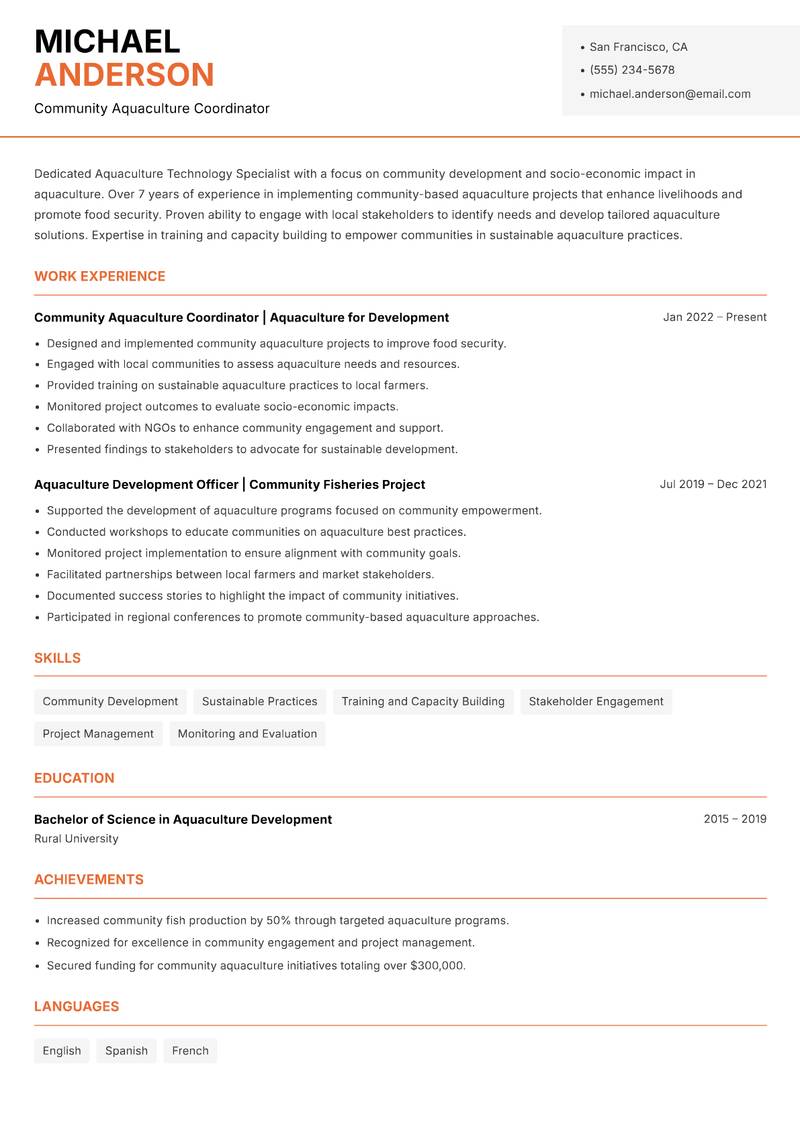 Aquaculture Technology Specialist Resume Template