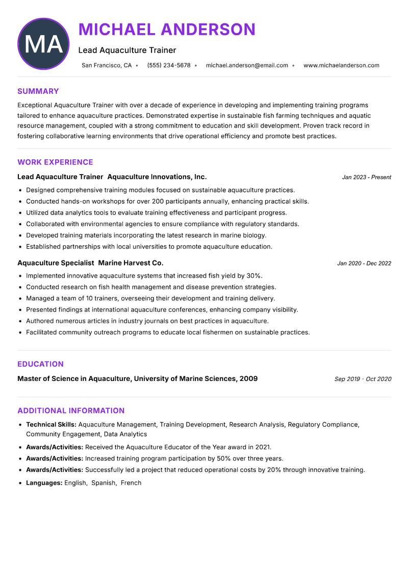 Aquaculture Trainer Resume Preview Example