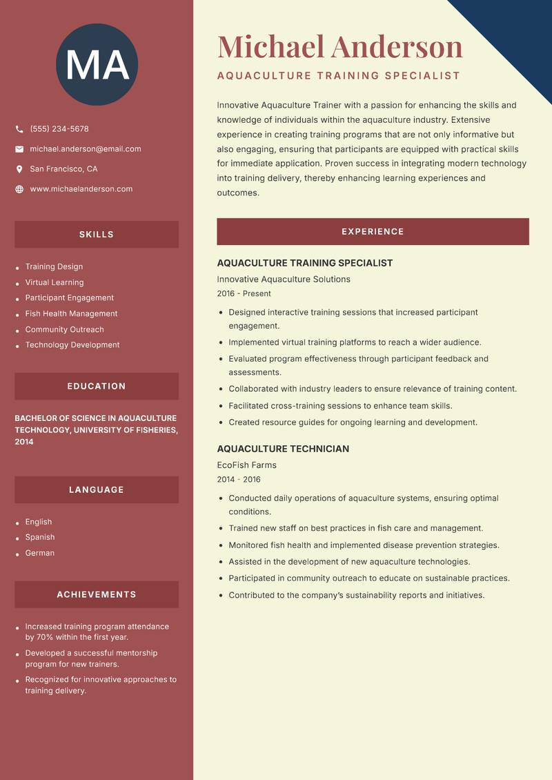 Aquaculture Trainer Resume Preview Example