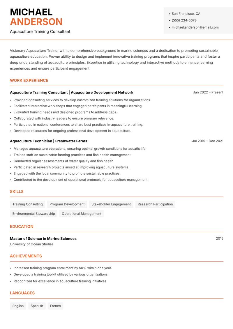 Aquaculture Trainer Resume Template