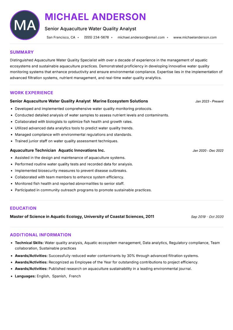 Aquaculture Water Quality Specialist Resume Preview Example