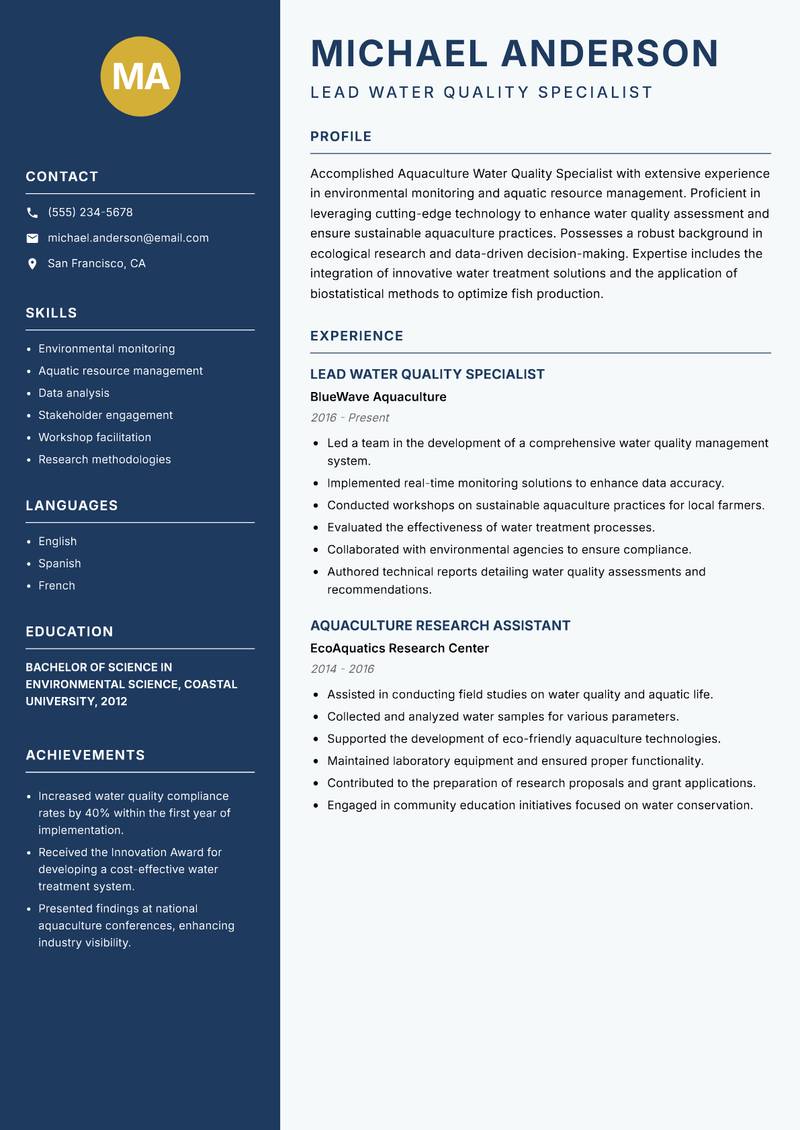 Aquaculture Water Quality Specialist Resume Preview Example