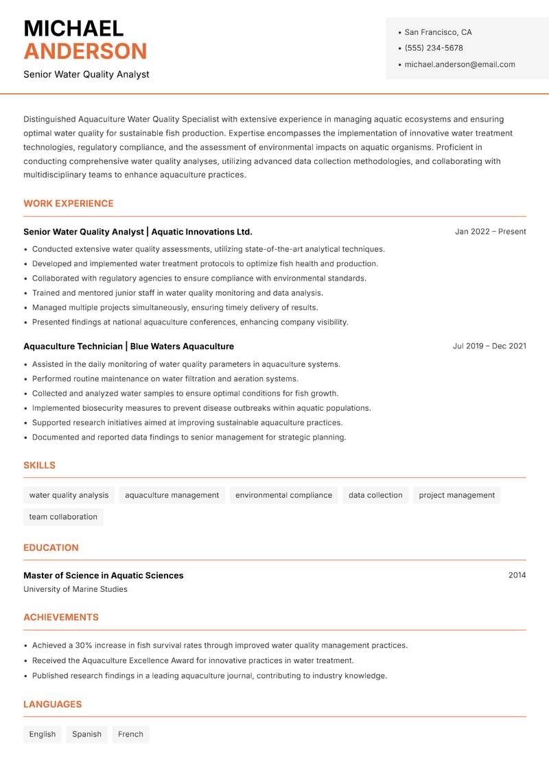 Aquaculture Water Quality Specialist Resume Template