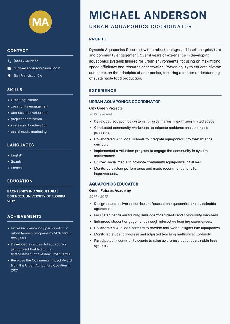 Aquaponics Specialist Resume Preview Example
