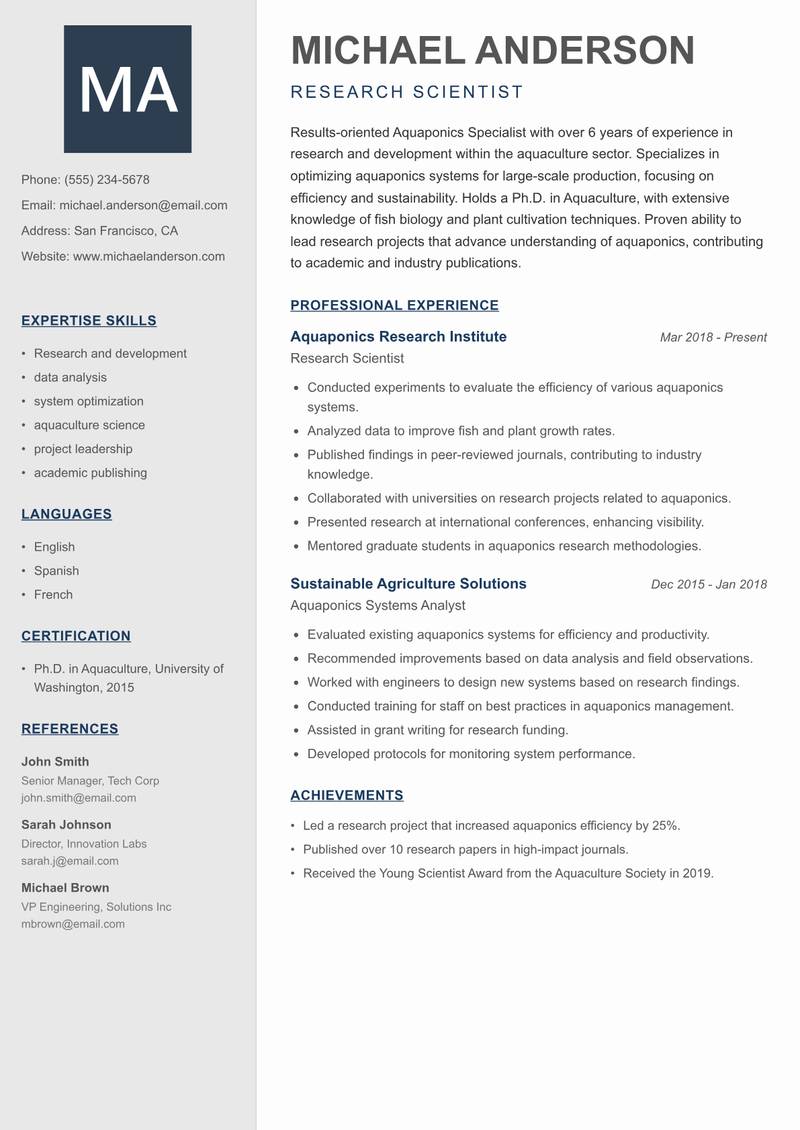 Aquaponics Specialist Resume Preview Example