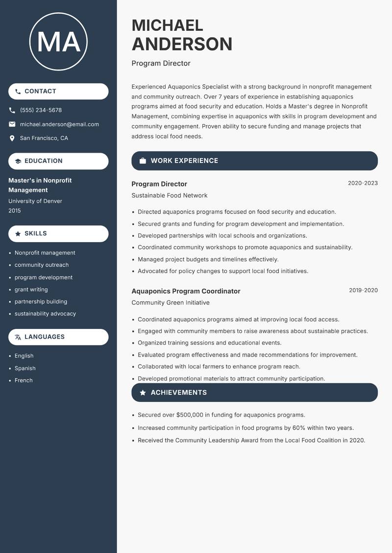 Aquaponics Specialist Resume Preview Example