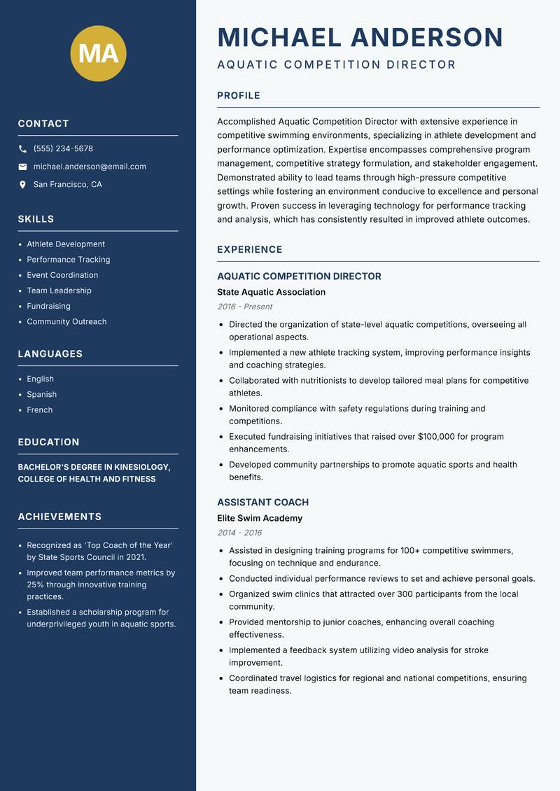 Aquatic Competition Director Resume Preview Example