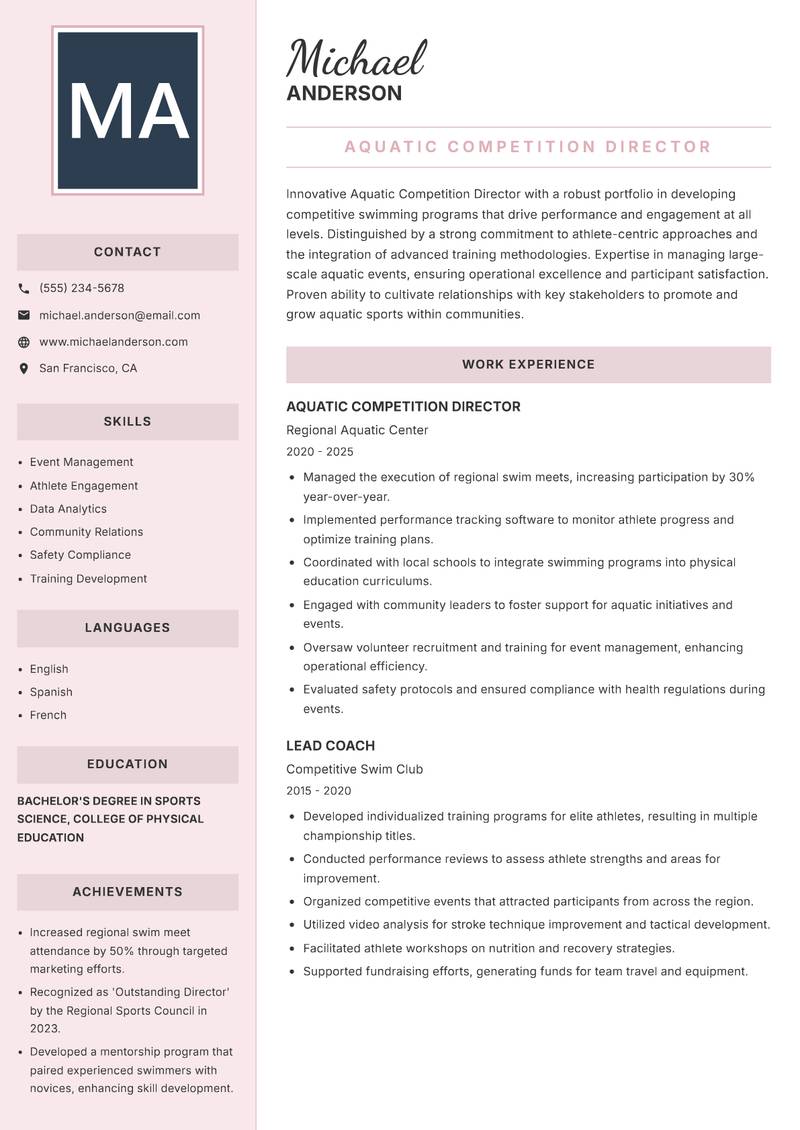 Aquatic Competition Director Resume Preview Example