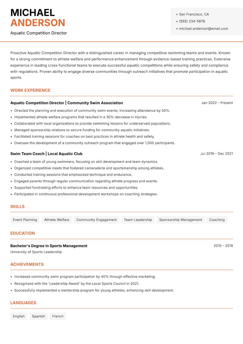 Aquatic Competition Director Resume Template