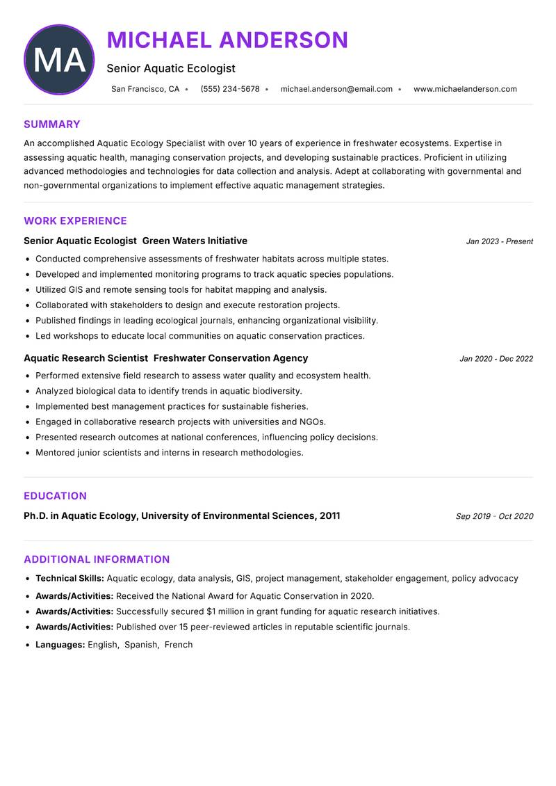 Aquatic Ecology Specialist Resume Preview Example