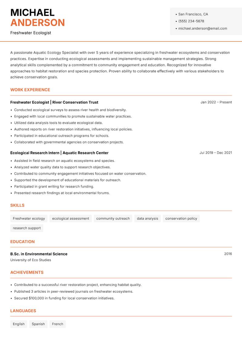 Aquatic Ecology Specialist Resume Template