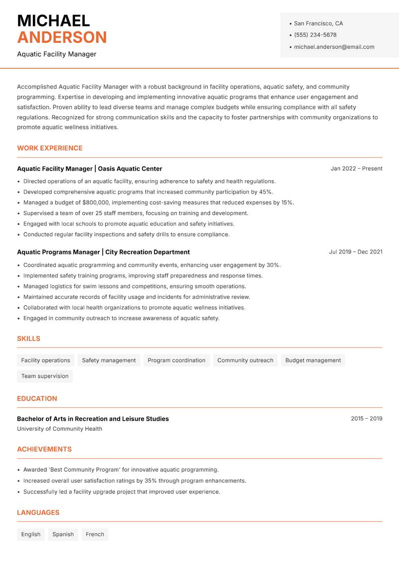 Aquatic Facility Manager Resume Template
