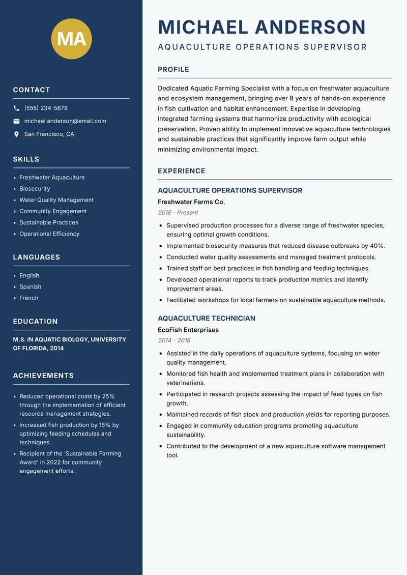 Aquatic Farming Specialist Resume Preview Example