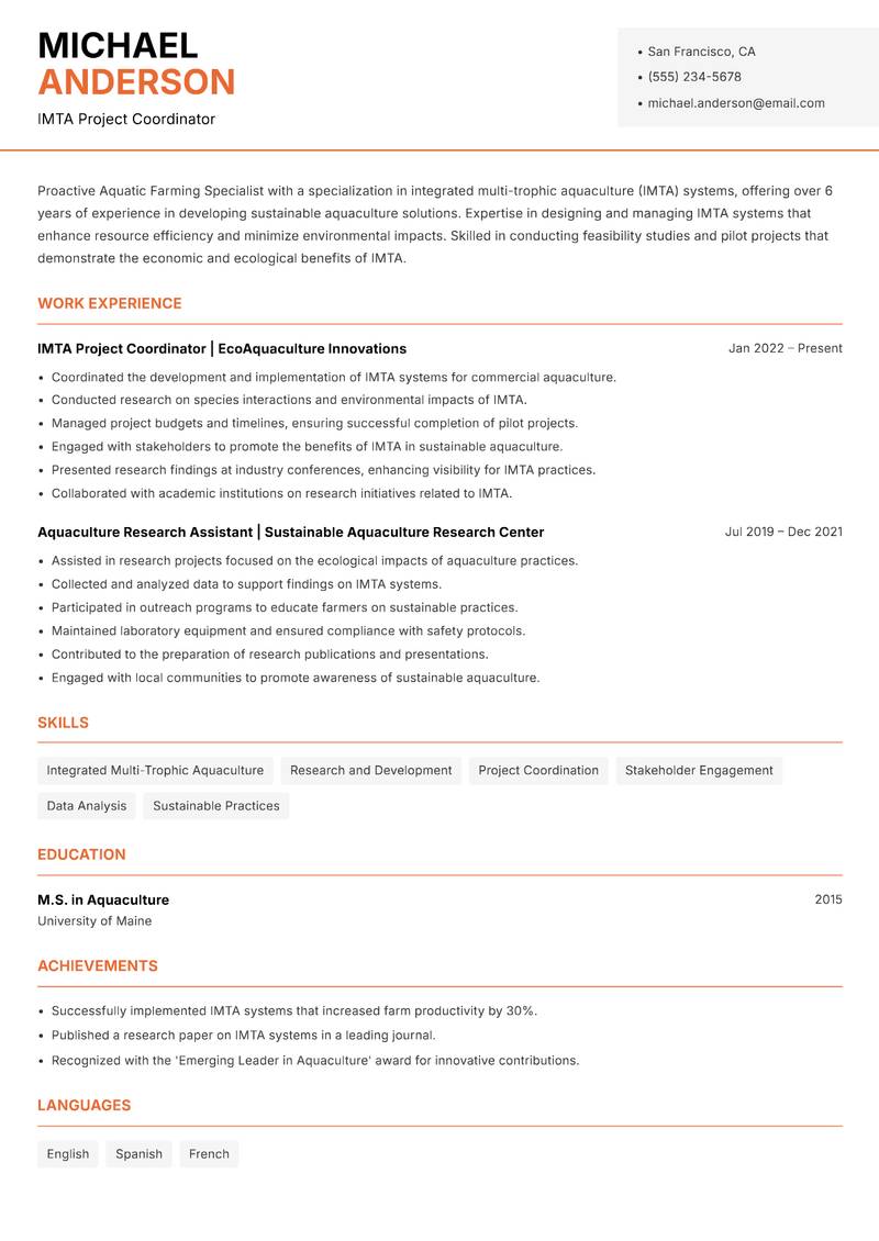 Aquatic Farming Specialist Resume Template