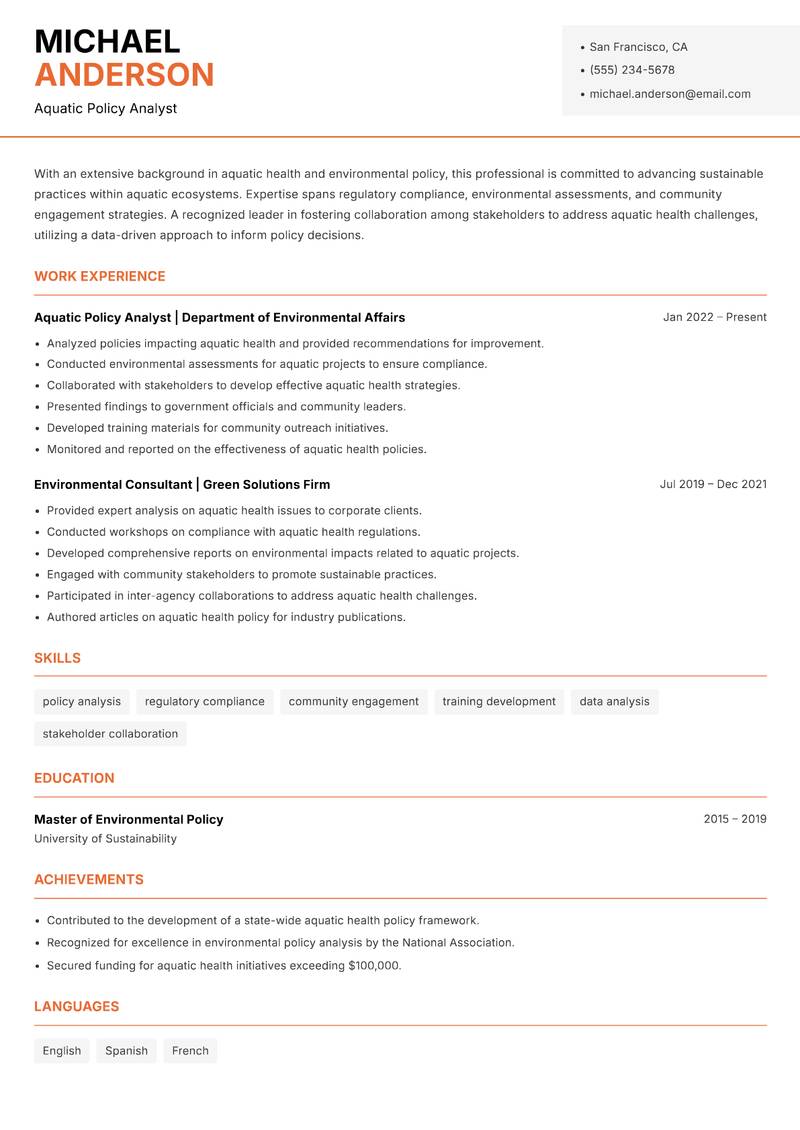 Aquatic Health Specialist Resume Template
