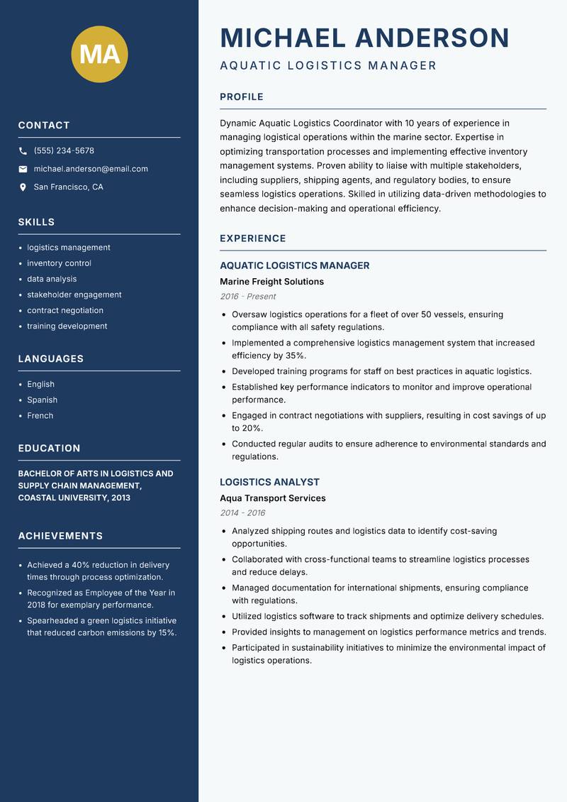 Aquatic Logistics Coordinator Resume Preview Example