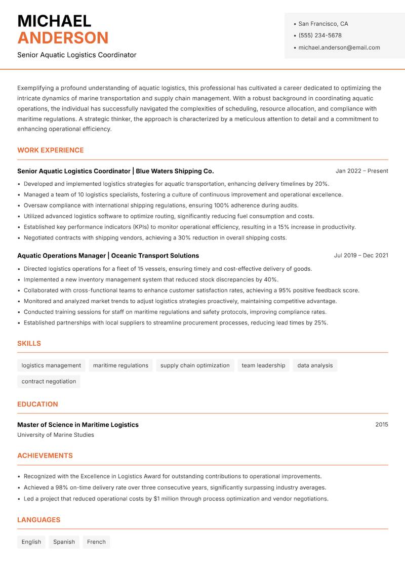 Aquatic Logistics Coordinator Resume Template