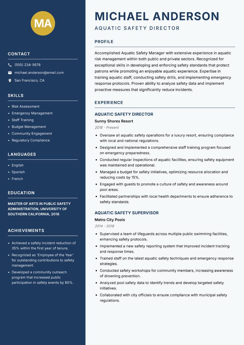 Aquatic Safety Manager Resume Preview Example