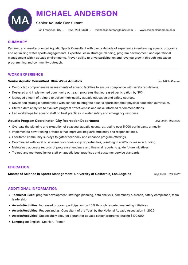 Aquatic Sports Consultant Resume Preview Example