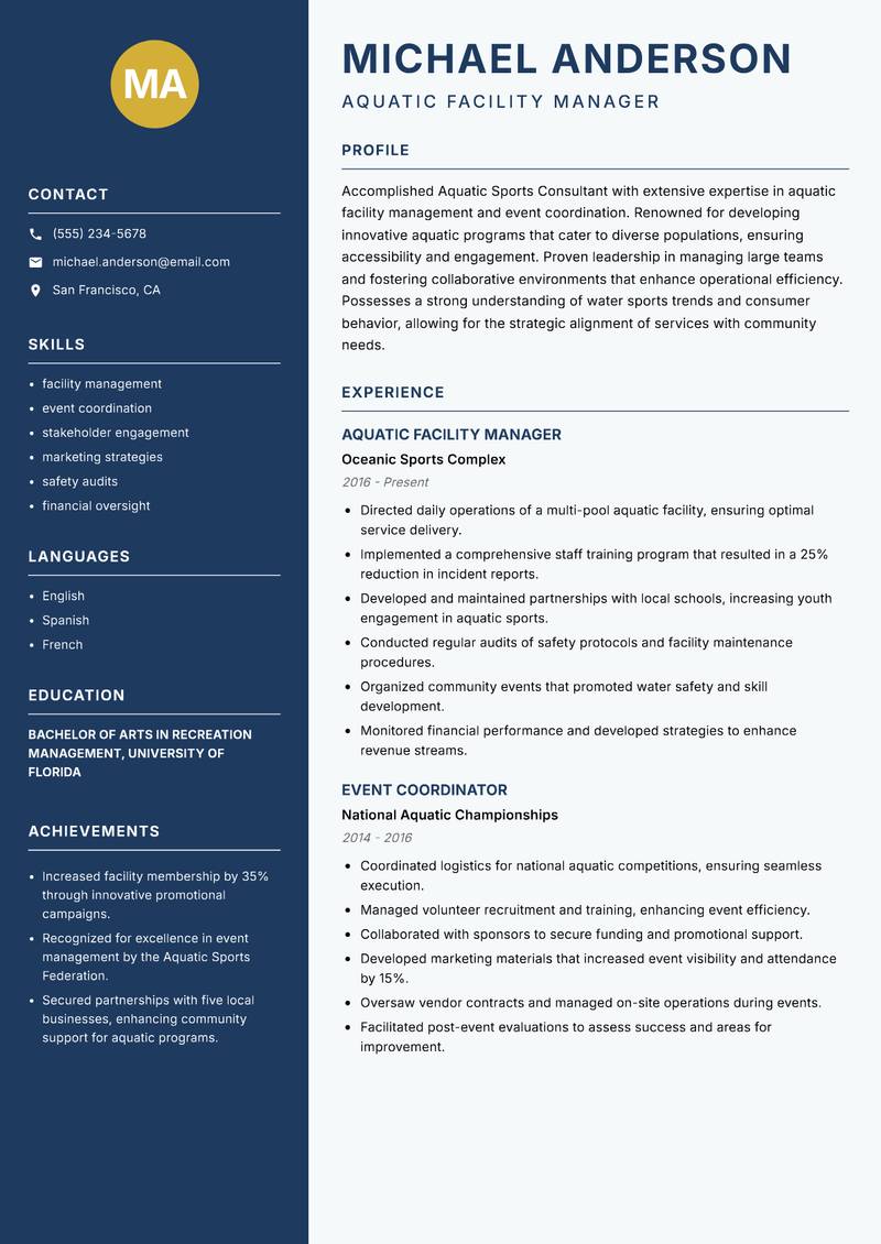 Aquatic Sports Consultant Resume Preview Example