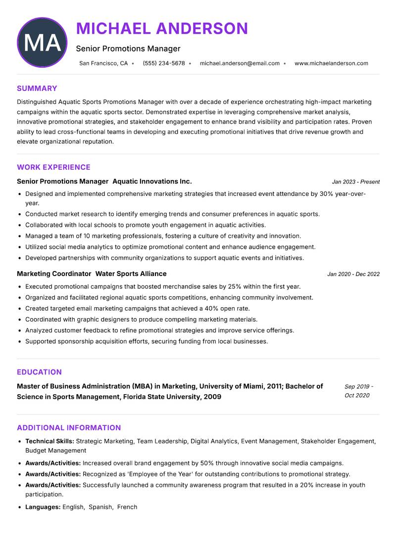 Aquatic Sports Promotions Manager Resume Preview Example