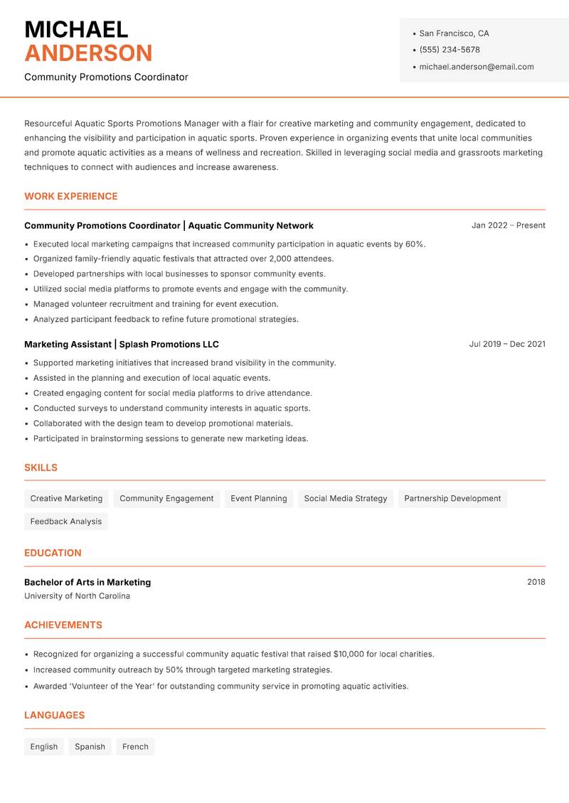 Aquatic Sports Promotions Manager Resume Template