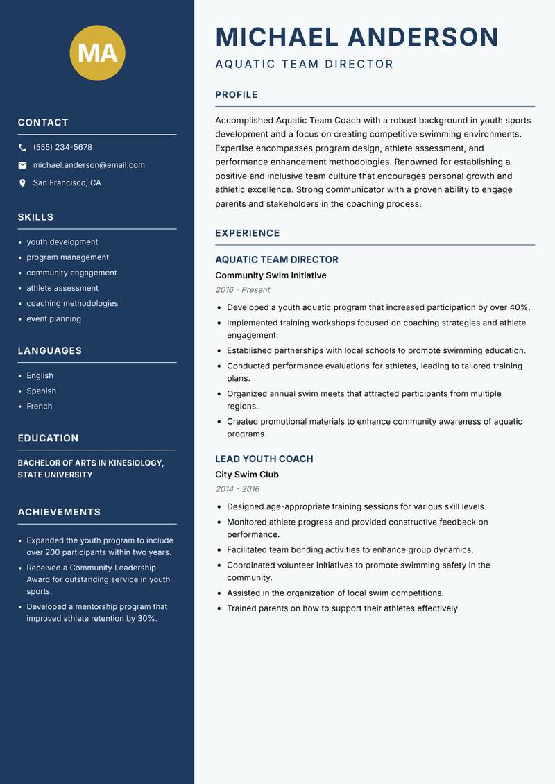 Aquatic Team Coach Resume Preview Example