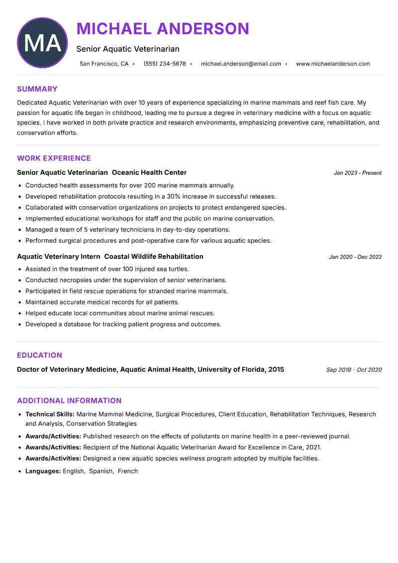 Aquatic Veterinarian Resume Preview Example
