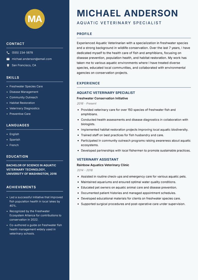 Aquatic Veterinarian Resume Preview Example