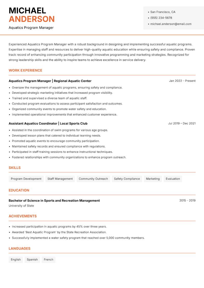 Aquatics Program Manager Resume Template