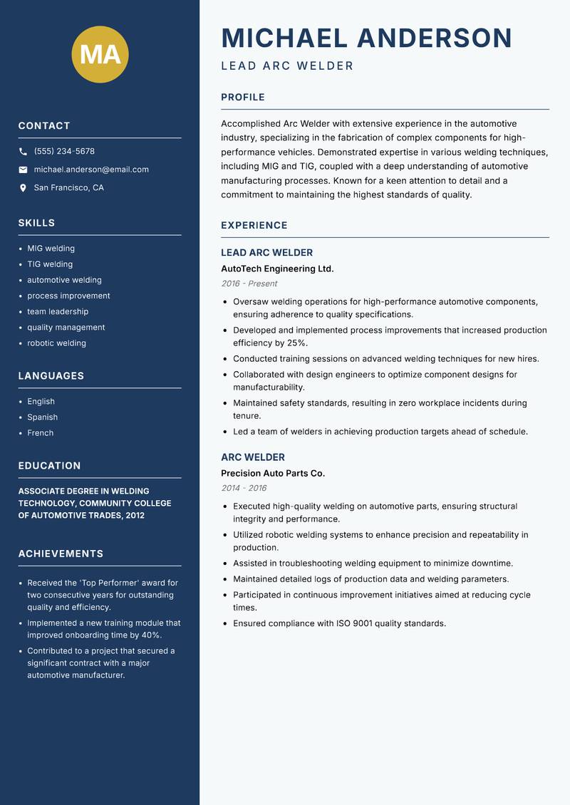 Arc Welder Resume Preview Example