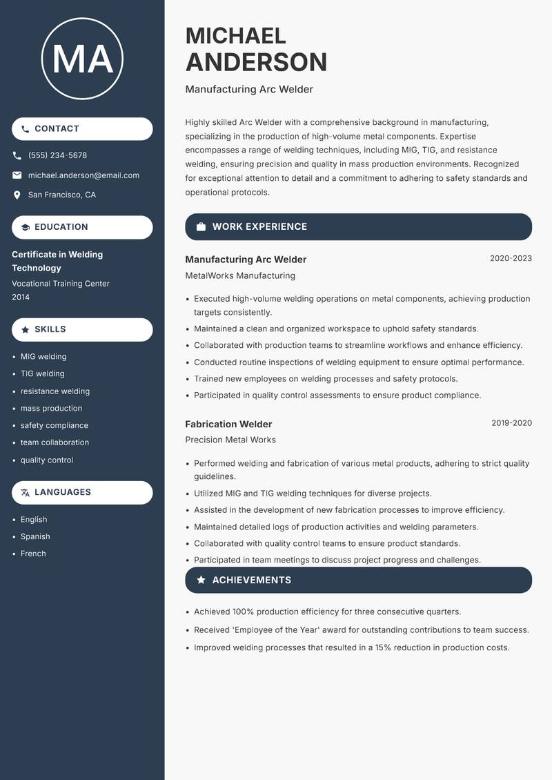 Arc Welder Resume Preview Example