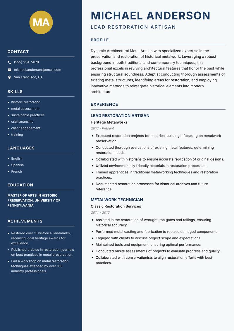 Architectural Metal Artisan Resume Preview Example