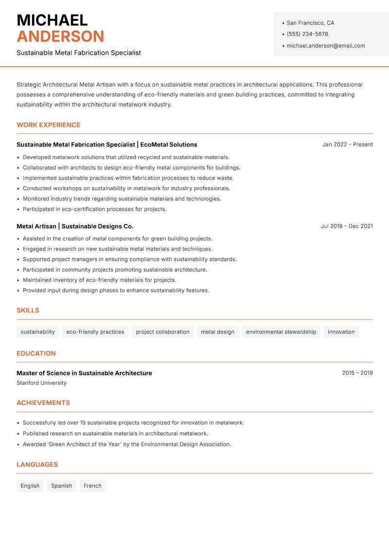 Architectural Metal Artisan Resume Template
