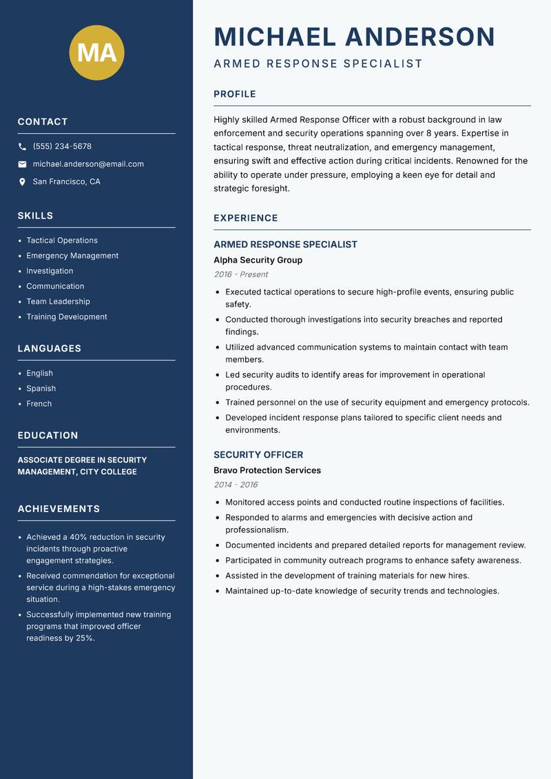 Armed Response Officer Resume Preview Example