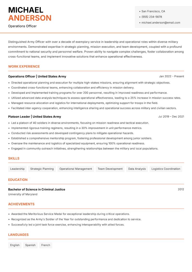 Army Officer Resume Template