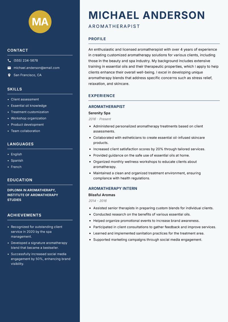 Aromatherapist Resume Preview Example