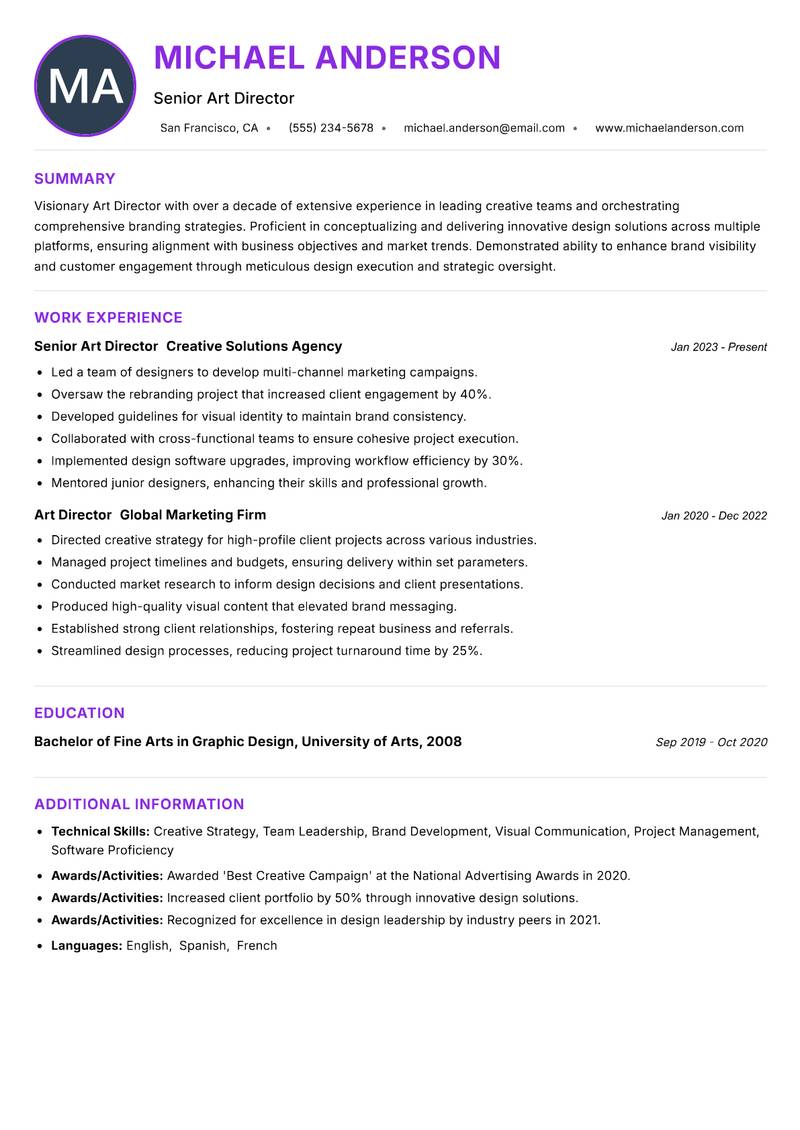 Art Director Resume Preview Example